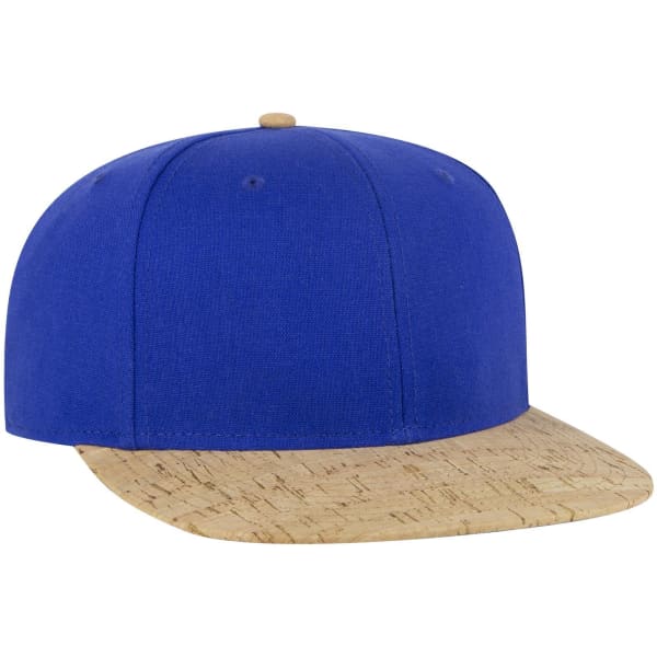 A blue snapback cap with a cork brim and a logo on the front. It features a mid-profile design.