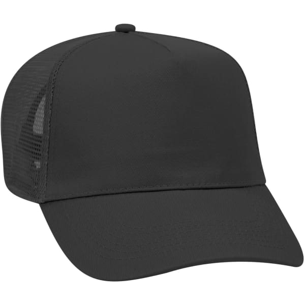 A black 5 panel mid profile trucker cap with a solid front and mesh sides, featuring a logo on the front.