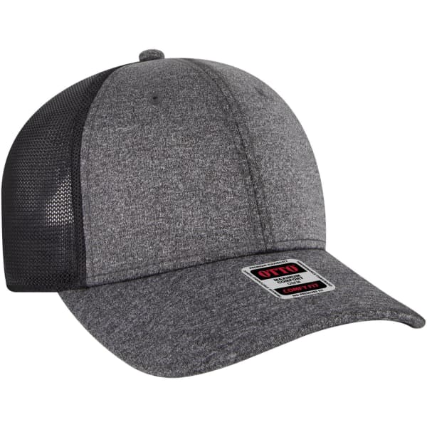 A grey six-panel low-profile baseball cap with a black mesh back and a branded patch on the front.
