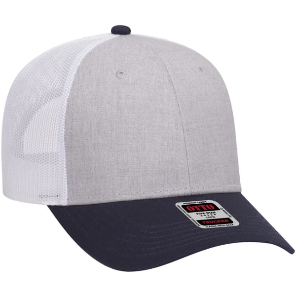A light grey and white 6-panel low profile trucker cap with a navy blue peak and a logo on the front.