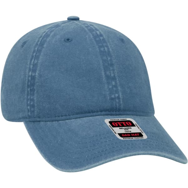 A blue low-profile dad cap with a curved peak, featuring a logo on the front label.