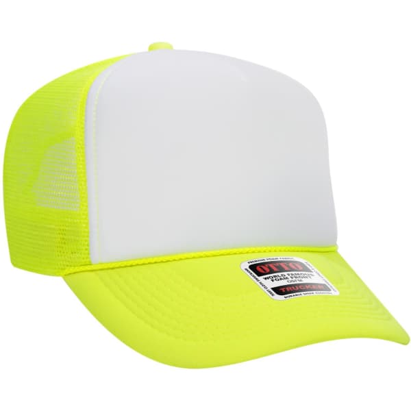 A high crown trucker cap in bright yellow with a white front panel and mesh sides, featuring a label.