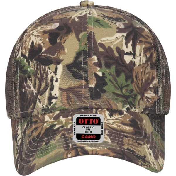 A camouflaged six-panel low profile trucker cap featuring earthy tones and a logo on the front.
