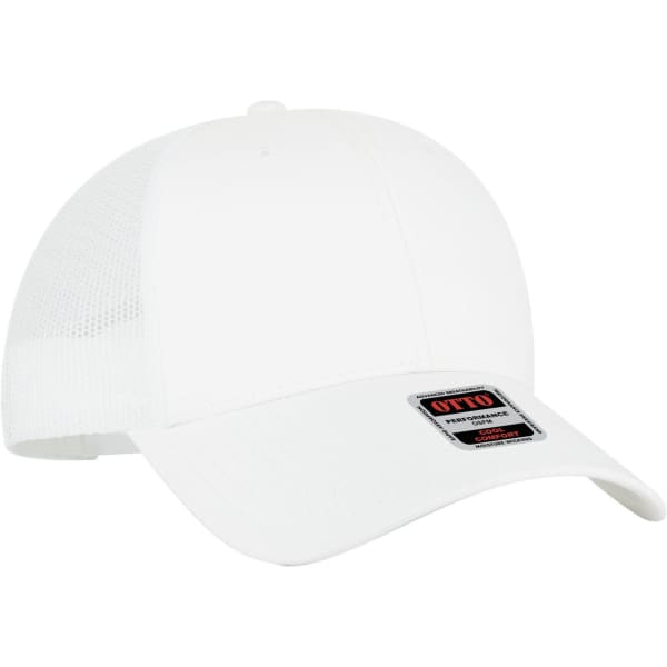 A white low profile trucker cap with a mesh back and a logo on the front.