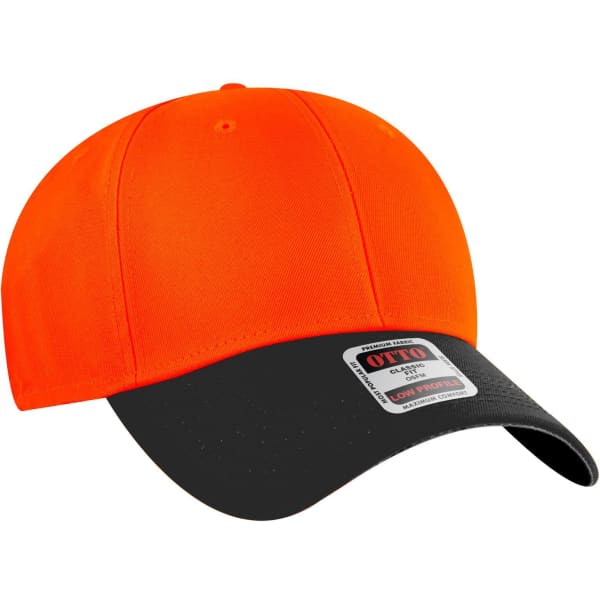 An orange and black six-panel low profile baseball cap with a logo on the front.