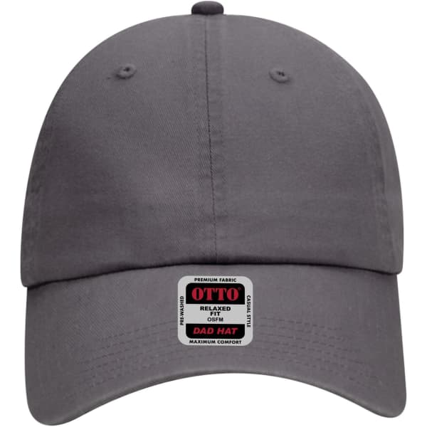A grey 6-panel low profile dad cap featuring a front logo. The cap has a relaxed fit design.