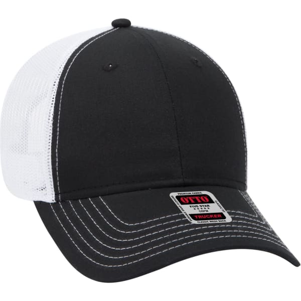 A black and white 6 panel low profile trucker cap featuring a mesh back and a logo.
