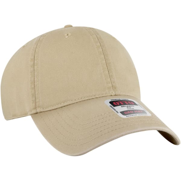 A beige 6 panel low profile dad cap with a logo on the front. Ideal for casual headwear.