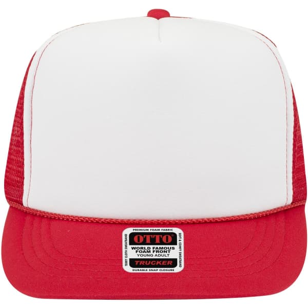 A red and white 5 panel high crown trucker cap with a mesh back and a logo label on the front.