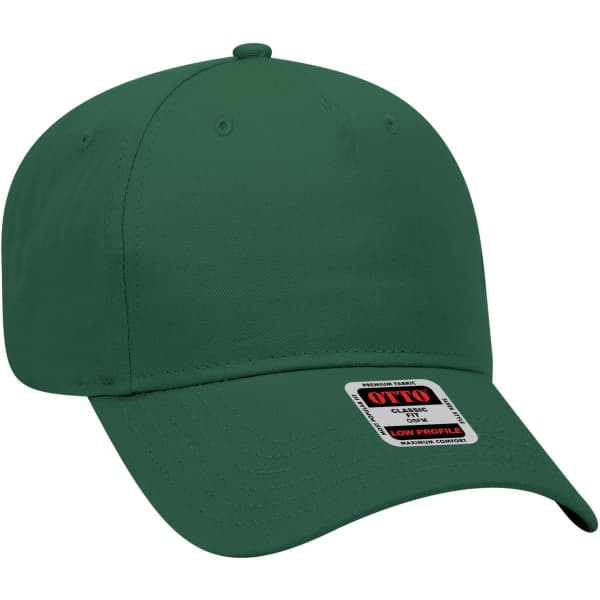A green 5 panel low profile baseball cap with a tag, featuring a branding logo on the side.