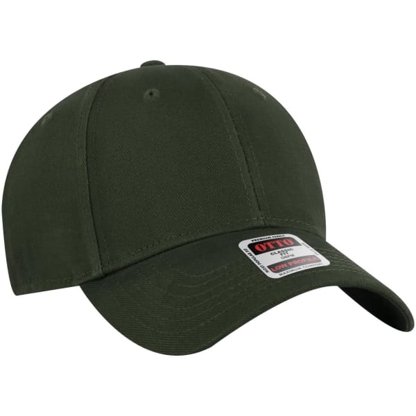 An olive green 6 panel low profile baseball cap with a logo on the front.