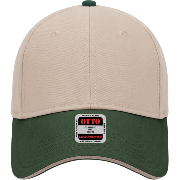 A beige and green six-panel low profile baseball cap with a logo on the front.