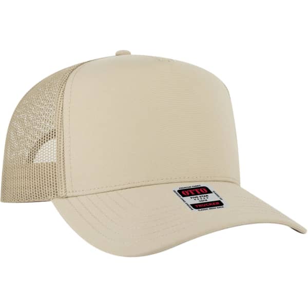 A beige 5 panel mid-profile trucker cap with mesh panels and a logo on the front.