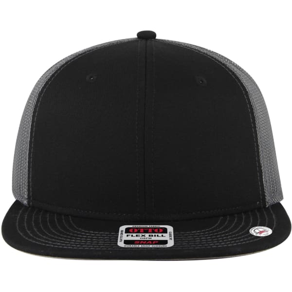 A black mid-profile trucker cap with grey mesh sides and a logo on the front.