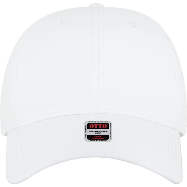 A white six-panel low profile style baseball cap with a branded label on the front.