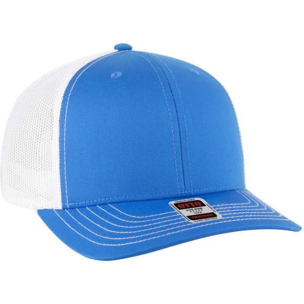 A blue and white 6-panel mid profile trucker cap featuring a mesh back and a branded label on the front.
