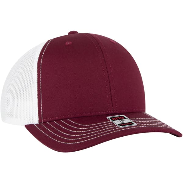 A maroon and white 6-panel mid-profile trucker cap with a mesh back and a logo on the front.