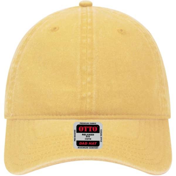 A yellow 6-panel low profile dad cap featuring a logo on the front. The design is relaxed for comfort.