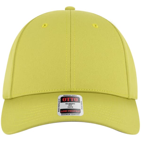 A yellow 6 panel low profile baseball cap with a logo and a label on the brim.