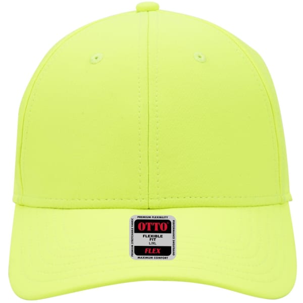 A bright yellow UPF 50+ 6 panel low profile baseball cap with a logo on the front.