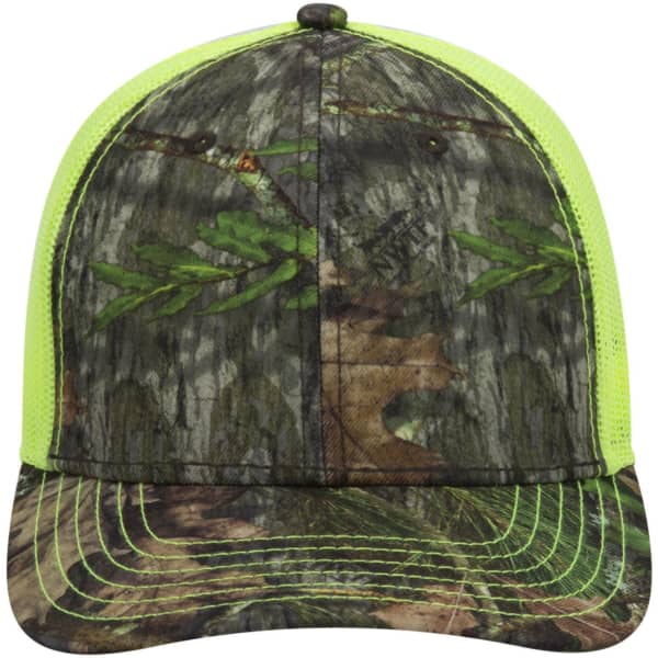A camo baseball cap featuring a low profile design with a bright yellow mesh back and intricate camouflage patterns.