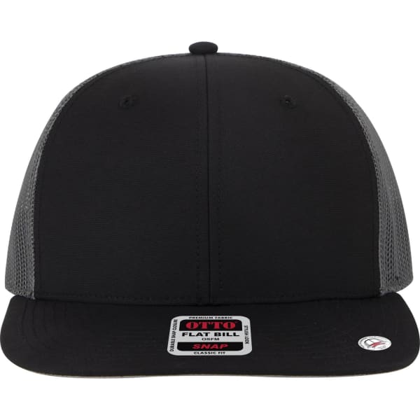 A black and grey 6 panel mid-profile trucker cap with a flat bill and a logo on the front.