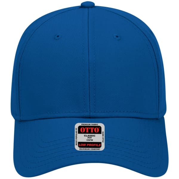 A blue low-profile baseball cap featuring a logo on the front and a flat brim.