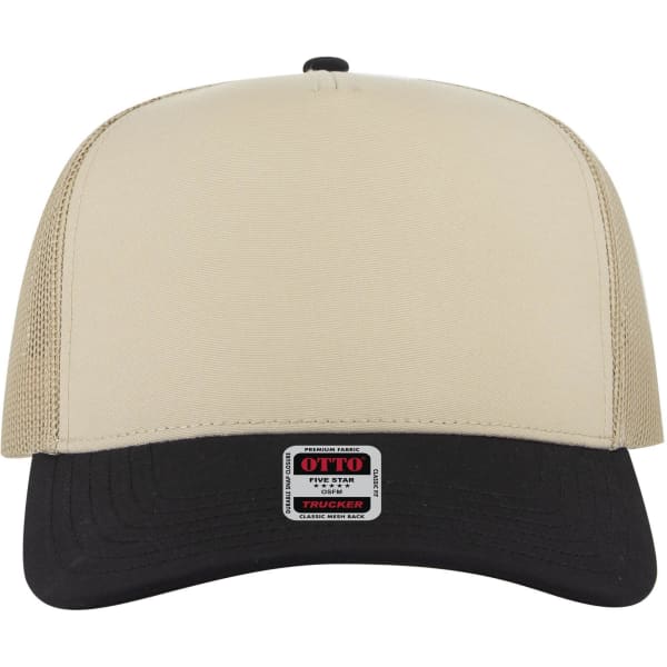 A beige and black 5-panel mid-profile trucker cap with a logo on the front.