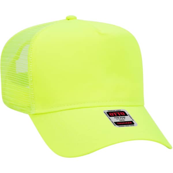 A bright yellow 5 panel mid profile trucker cap with a mesh back and a logo.
