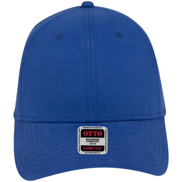 A blue low profile baseball cap with a six-panel design and a logo tag on the front.