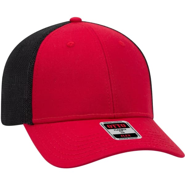 A red and black six-panel low profile trucker cap featuring a logo on the front.