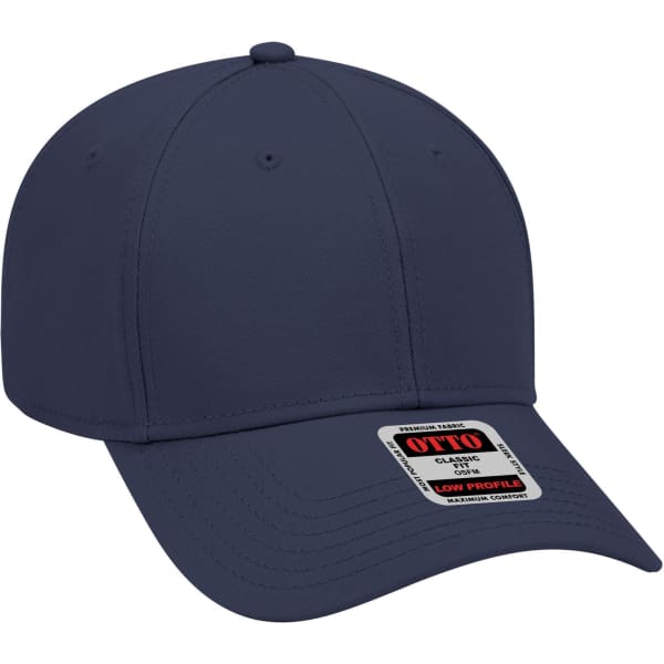 A navy blue 6 panel low profile baseball cap with a branded label on the front.