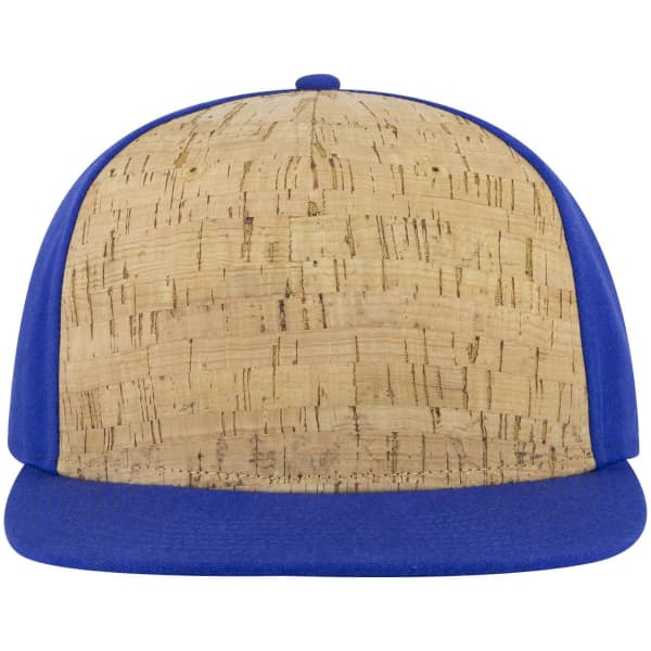 A snapback cap with a cork front and royal blue sides and brim. It features a logo on the front.