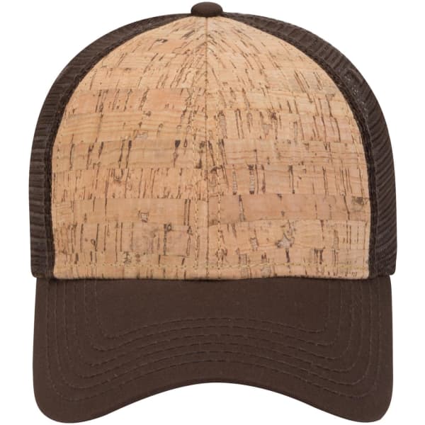A 6-panel low profile trucker cap with a cork top and brown mesh sides. Contains a logo on the front.