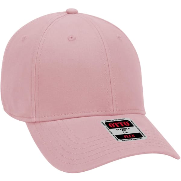 A pink 6-panel low profile baseball cap featuring a logo on the front. Suitable for casual headwear.