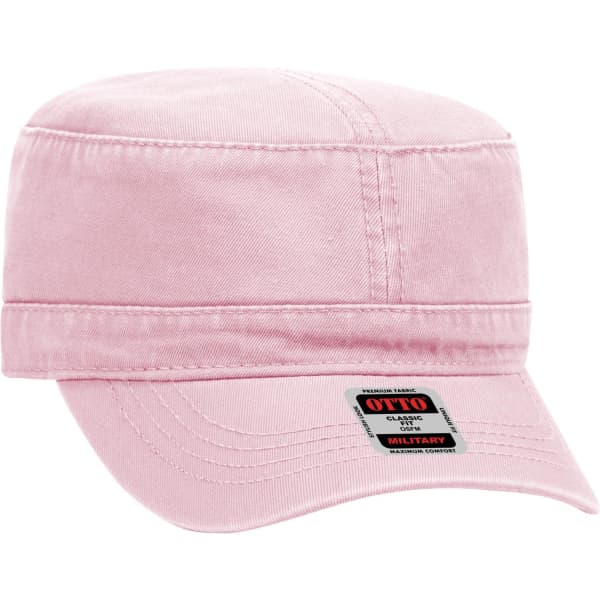A pink military hat with a flat crown and a short brim. It features a branding label.