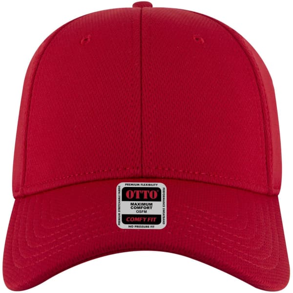 A red low profile baseball cap featuring a logo on the front and a comfortable fit design.