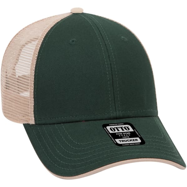 A green low profile trucker cap with a beige mesh back, featuring a black and white logo.