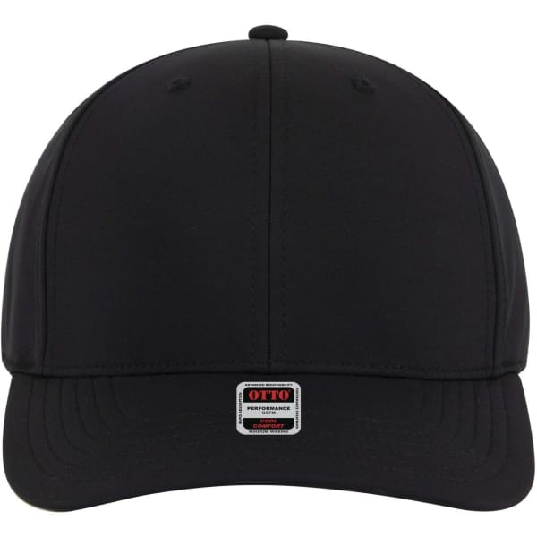 A black 6 panel mid-profile style baseball cap with a logo on the front.