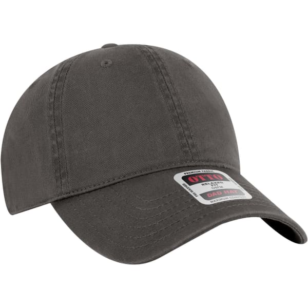 A grey 6 panel low profile dad cap with a logo on the front, featuring a curved brim and soft fabric.