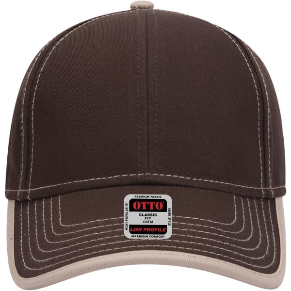 A brown low profile baseball cap with a light-coloured brim and a logo stitched on the front.