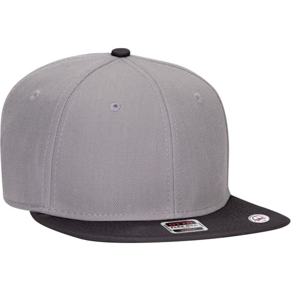 A grey six-panel mid-profile snapback cap with a black undervisor and logo branding.