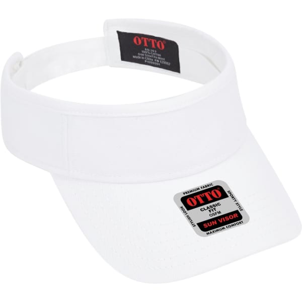 A white sun visor with a wide brim and an adjustable strap, featuring a logo and branding.