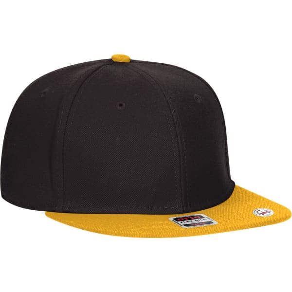 A black snapback cap with a yellow peak and a logo on the side. Features a six-panel design.