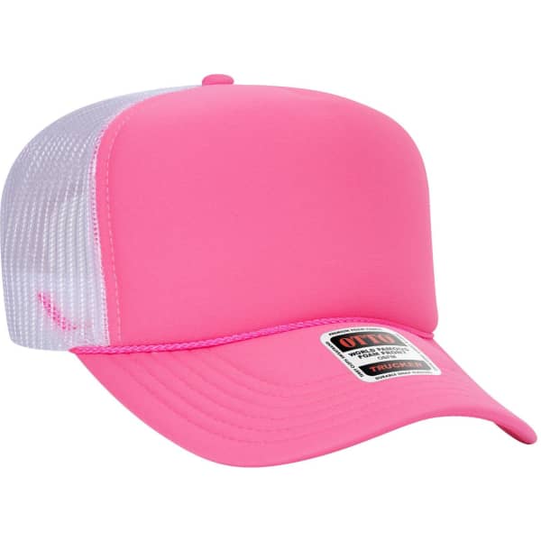 A pink 5 Panel High Crown Trucker Cap with a mesh back and branded tag.