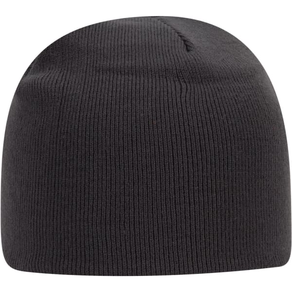 A classic black knit beanie with a smooth texture and fitted design, featuring a small logo.