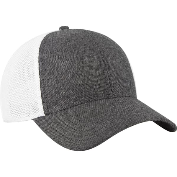 A grey and white six-panel low profile baseball cap with a mesh back and a logo.