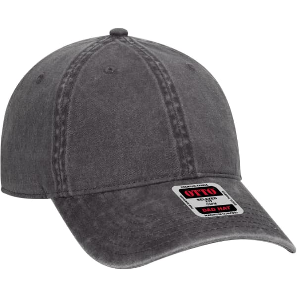 A grey 6-panel low profile dad cap with a curved brim and a logo on the front.