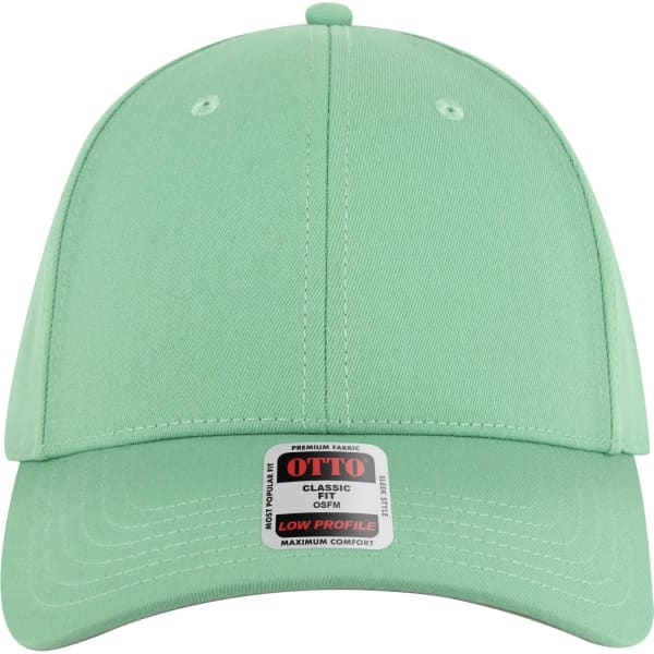 A mint green 6 panel low profile baseball cap with a logo on the front and ventilation eyelets.
