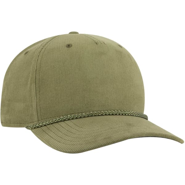 A green 5 panel mid profile corduroy baseball cap with a decorative braided trim and a logo.